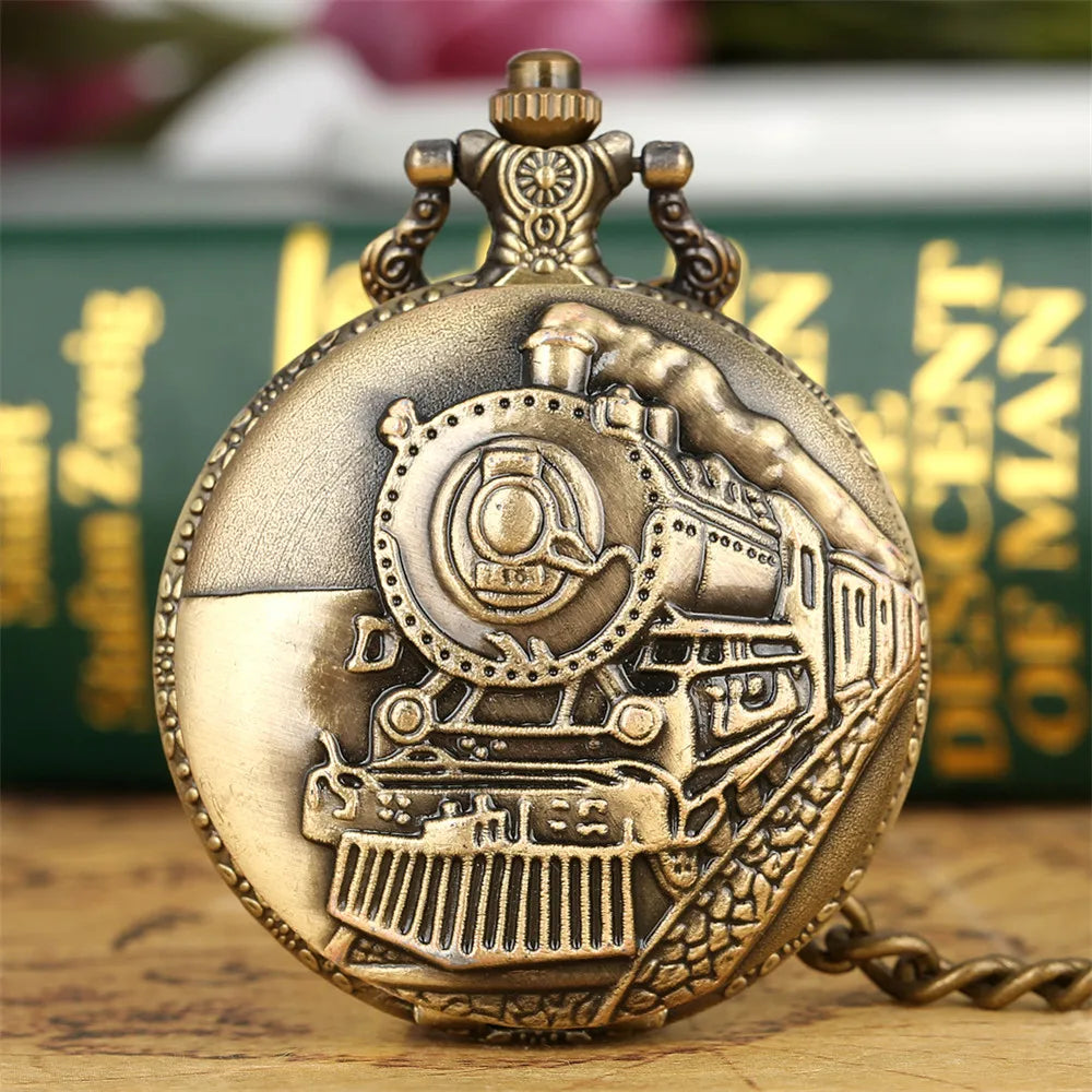 Vintage Retro Bronze Hollow Train Locomotive Steampunk Quartz Pocket Watch Women Men Necklace Pendant with Chain Birthday Gift