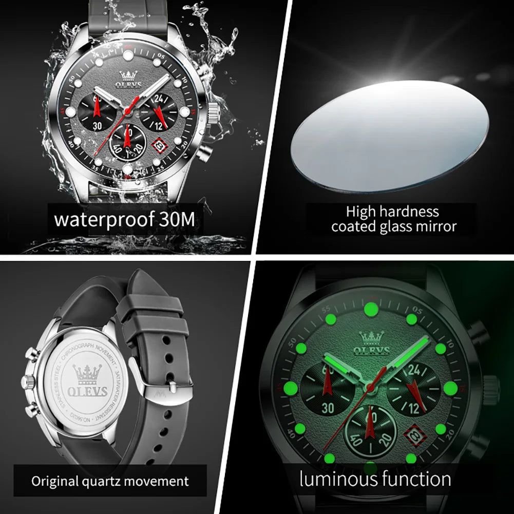 OLEVS Luxury Watch Men Silicone Strap Waterproof Luminous Chronograph