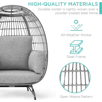 Wicker Egg Chair, Oversized Outdoor Lounger for Patio, Backyard,w/ 4 Cushions, Steel Frame, 440lb Capacity - Gray/Heather Gray