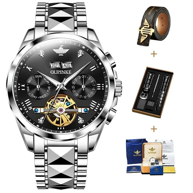 OUPINKE 3186 High Quality Luxury Skeleton Flywheel Automatic Watch for Men 5Bar Waterproof Dual Calendar Brand Men&