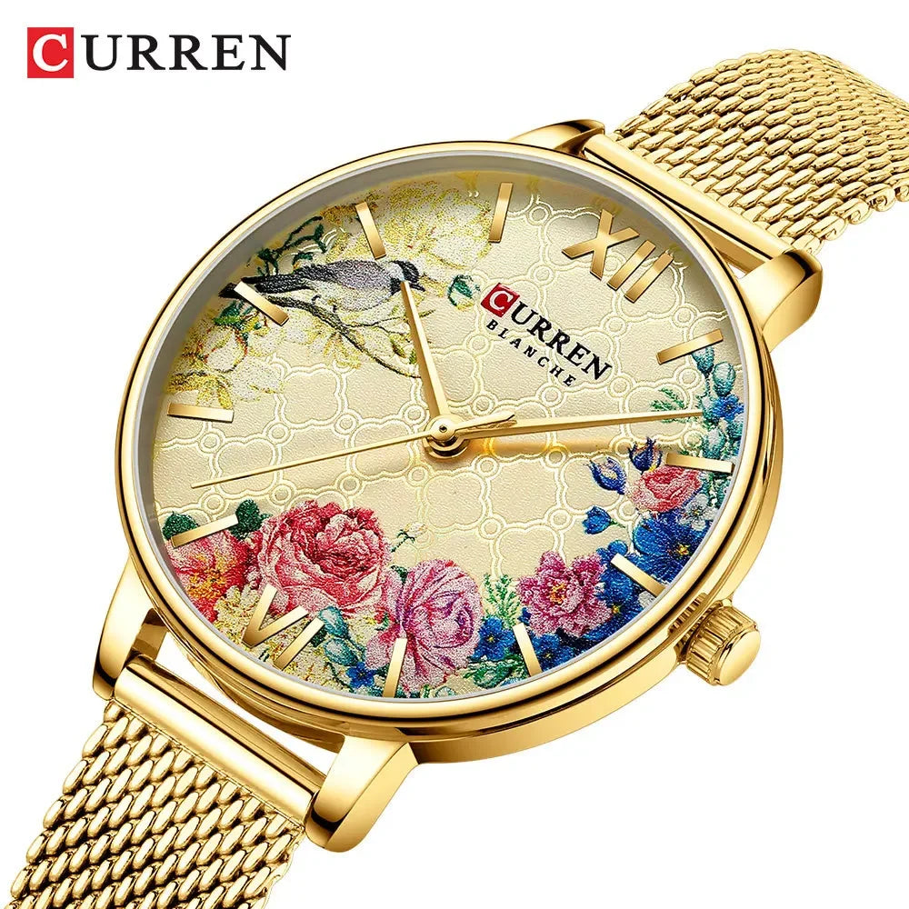 CURREN 9059 Top Brand Luxury Black Female Waterproof Clock Mesh Stainless Steel Bracelet Flower Ladies Wristwatch 9059