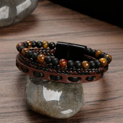 Multilayer Leather Bracelet with Stone Beads.