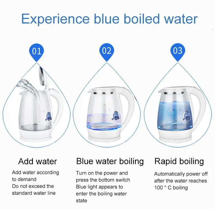 Electric Kettle Teapot Quick Heating Hot Water Boiling Tea Pot Glass Blue Light Heating Kettles Auto-Power Off Boiler