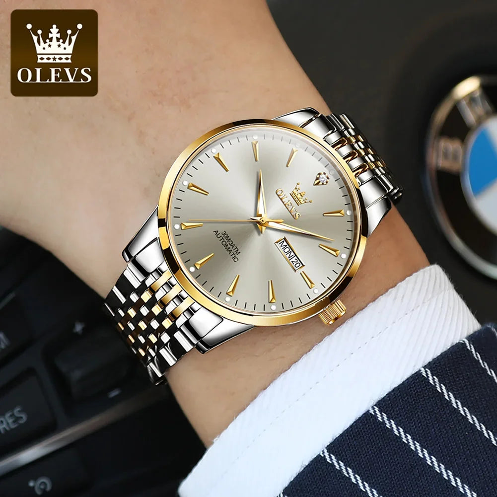 OLEVS 6635 Business Automatic Mechanical Watch For Men, Hot Waterproof Stainless Steel Strap Men Wristwatches Luminous Calendar