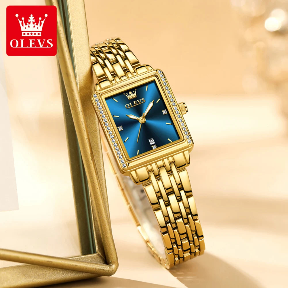 OLEVS Brand Fashion Blue Rectangle Dial Quartz Watch Women Luxury Gold Stainless Steel Strap Womens Watches Relogio Feminino