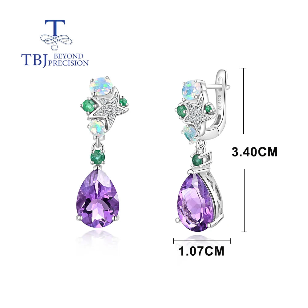 Luxury Clasp Drop Earring Natural Precious Opal,Emerald & Amethyst Gems Silver jewelry for Women Anniversary & Parties wear gift