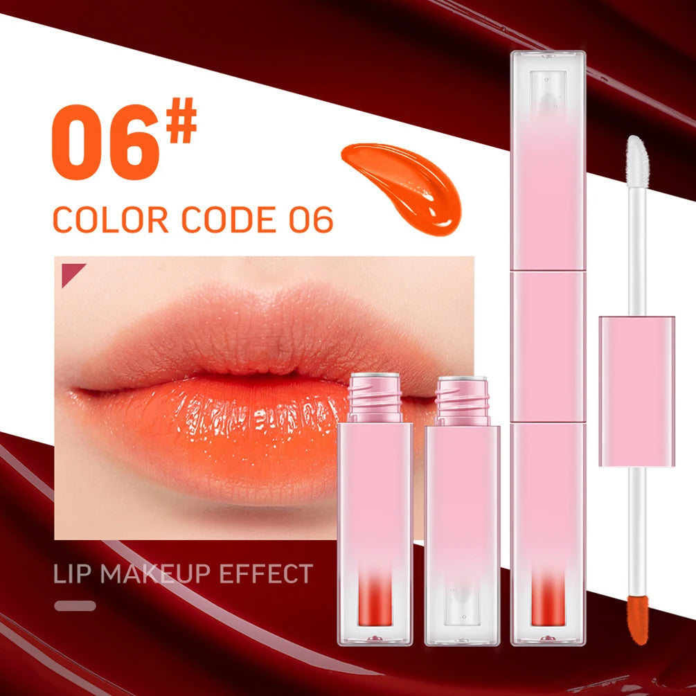 Custom 7colors Gradient Pink Tube Lipgloss Non-stick Cup Matte Waterproof 2in1 Double-head Long Lasting Hydrating Lip Oil Makeup