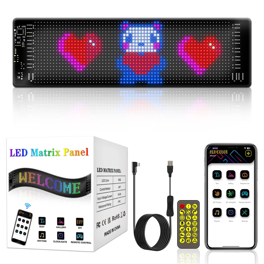 RGB LED Car Sign Animation LED Matrix Pixel Panel DIY Programmable Bluetooth App Control LED Panel Flexible Display Light