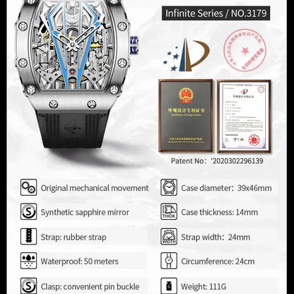 OUPINKE 3179 Automatic Watch for Men Silicone Strap Sapphire Mirror Waterproof Skeleton Mechanical Men&