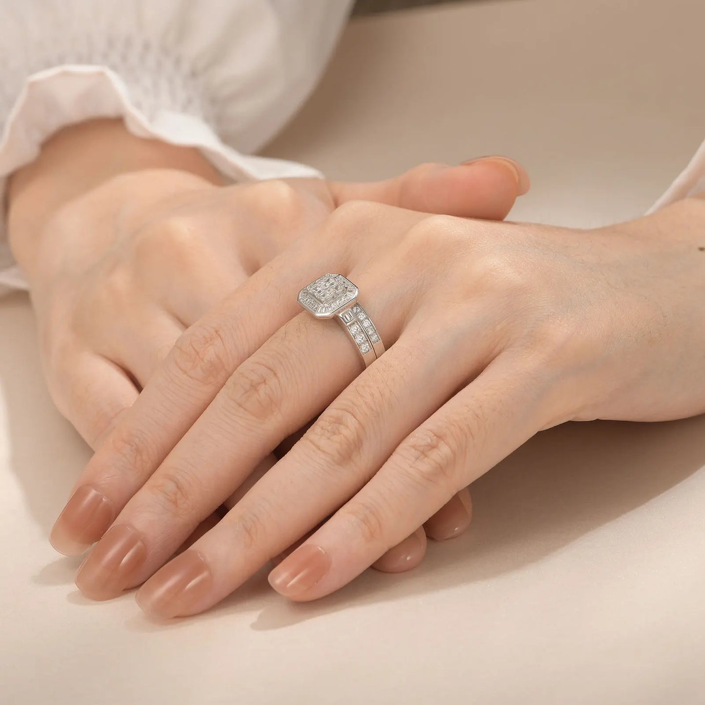 Silver Diamond Engagement Wedding Ring Set.