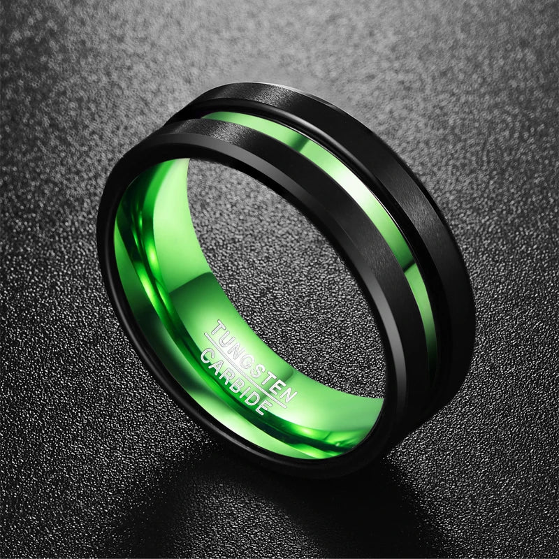 Men's Black Matte Finish Tungsten Carbide Ring Green Center Groove Polished Beveled Edges Comfort Fit