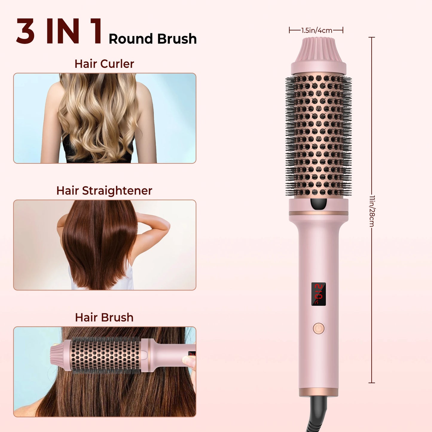 Curling Iron Brush PTC Heated Thermal Brush Ceramic Hair Curler Hot Brush Create Loose & Volume Curls Heating Hair Styling Brush