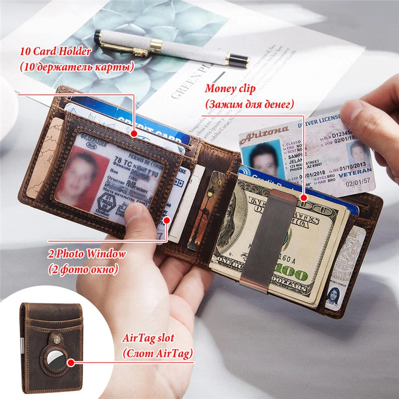 YKOSM Retro Luxury Genuine Leather Airtags Wallet RFID Blocking ID Credit Card Bag Business Men Cash Clip Anti-lost Card Holder