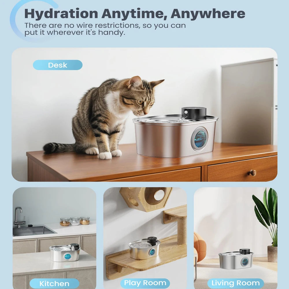 Stainless Steel Cat Wireless Water Dispenser Rechargeable Automatic Induction Circulation Filtration Silent Pet Water Dispenser