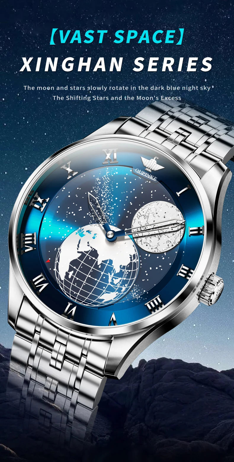 OUPINKE 3230 Men Watch Luxury 3D Earth Starry Sky Moon Phase Rotating Dial Business Waterproof Men Automatic Mechanical Watch