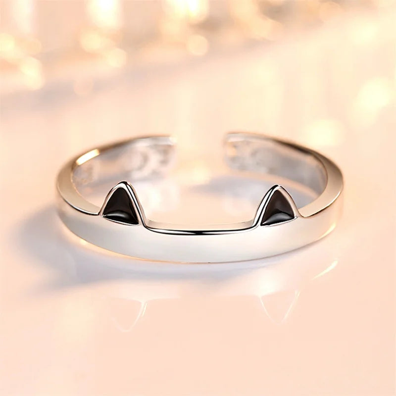 Cute Cat Ear Paw Open Adjustable Couples Rings Silver.