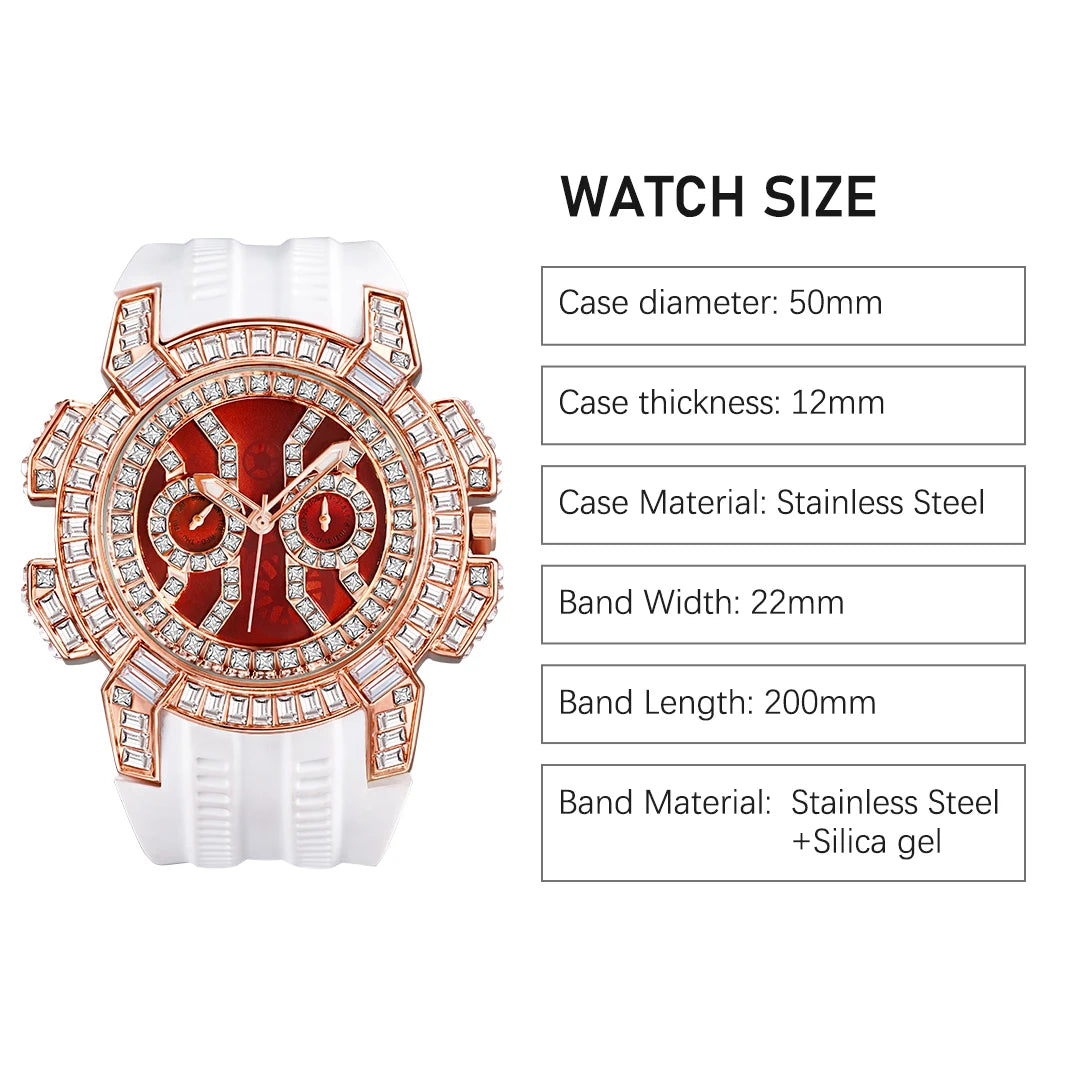 MISSFOX New Red Quartz Watch For Men Luxury Hip Hop Streetwear Clock Waterproof Diamond Watches AAA Quartz Men's Wristwatches