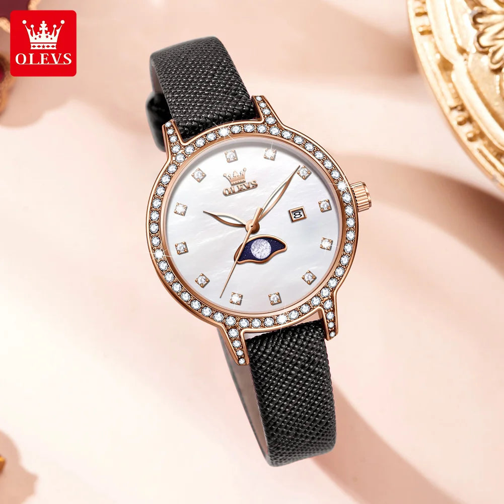 OLEVS Luxury Brand Women Watch Leather Strap Moon Phase Quartz Watch Fritillaria Dial Diamond Exquisite Gift Box Set Wristwatch