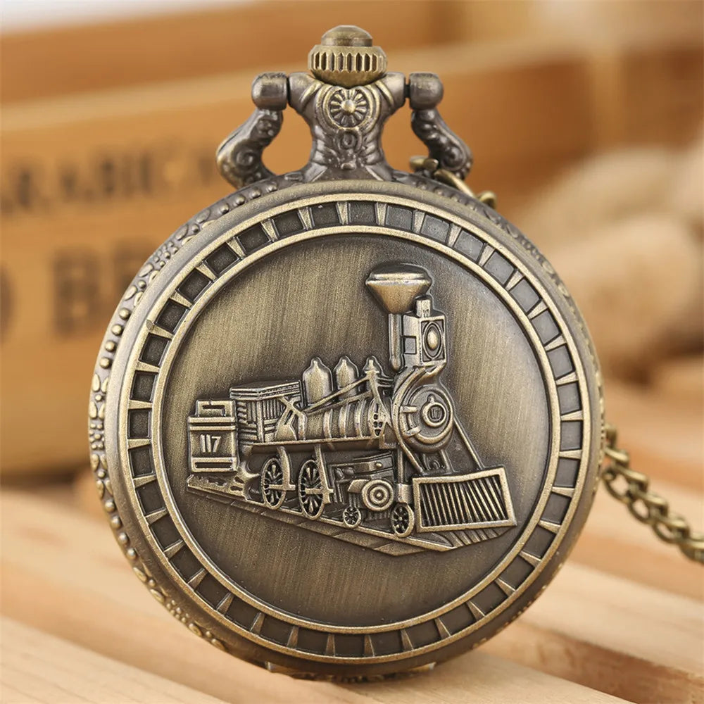 Vintage Retro Bronze Hollow Train Locomotive Steampunk Quartz Pocket Watch Women Men Necklace Pendant with Chain Birthday Gift