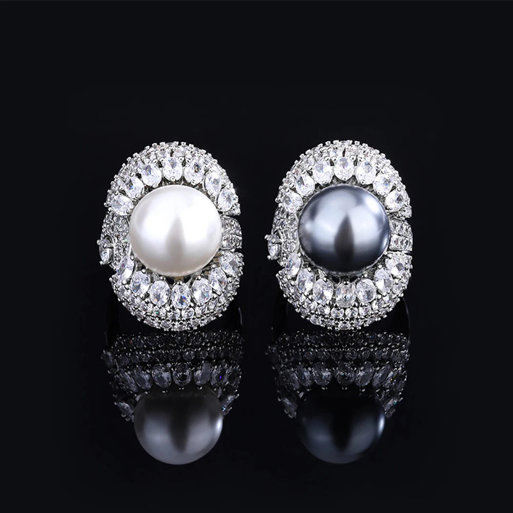 Charms 14MM White Black Big Pearl Adjustable Rings for Women Lab Diamond Cocktail Party Fine Jewelry Wedding Accessories Gifts