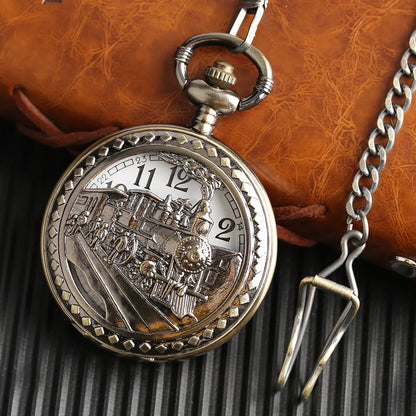 Vintage Retro Bronze Hollow Train Locomotive Steampunk Quartz Pocket Watch Women Men Necklace Pendant with Chain Birthday Gift