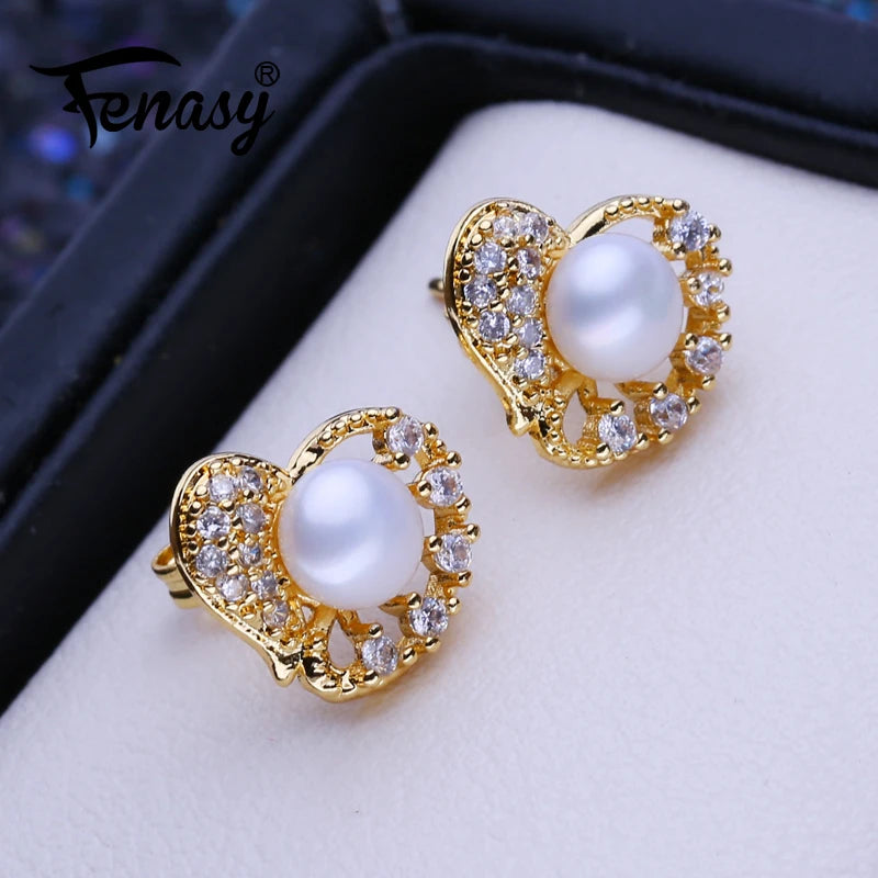 FENASY Natural Freshwater Cultured Pearl Earrings For Women Girls Friends Fashion Gold Color Heart Stud Earrings Birthday Gift