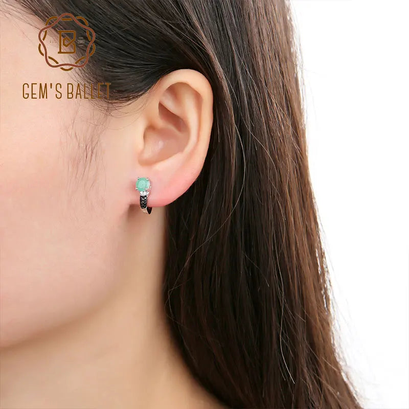 GEM'S BALLET Round Natural Emerald Wide Pave Style Women's Statement Earrings 925 Sterling Silver May Birthstone Earrings