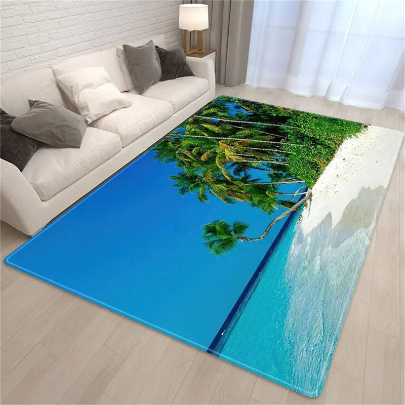 Palm Tree Sea Beach 3D Carpet Living Room Sofa Table Rug Soft Sponge Bedroom Bedside Rug Dining Carpet Rug for Bath Decoration