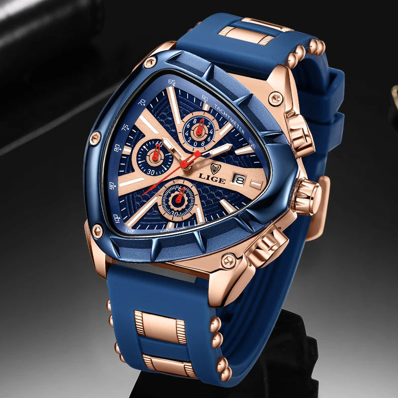 LIGE Fashion Men Watch Triangle Chronograph Military.