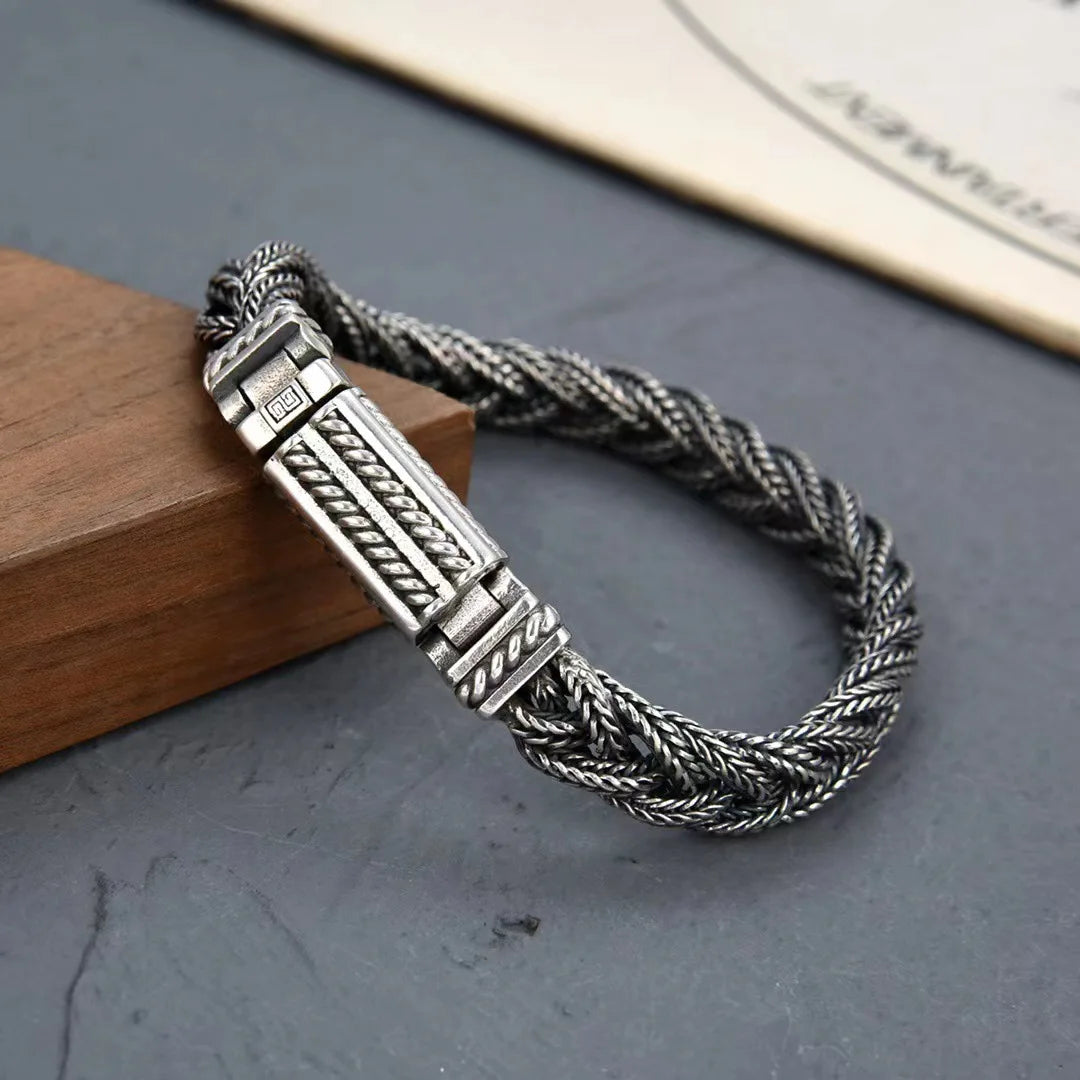 BOCAI Real S925 Silver Jewelry Retro Heavy Industry Pure Handmade Woven Twist Bracelet for Men and Women Trendy Gifts