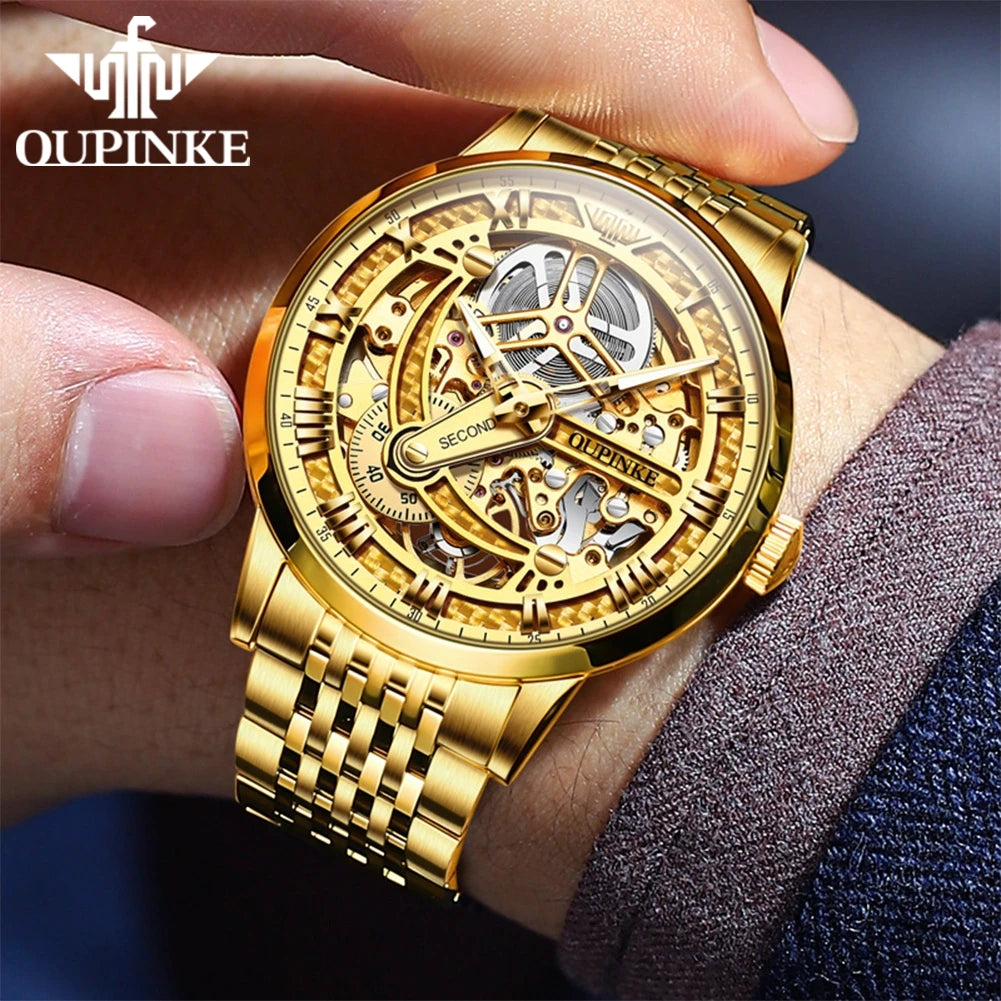 OUPINKE Men Watches Luxury Automatic Mechanical Self Winding Skeleton 5ATM Waterproof Sapphire and Tungsten Steel Wrist Watch