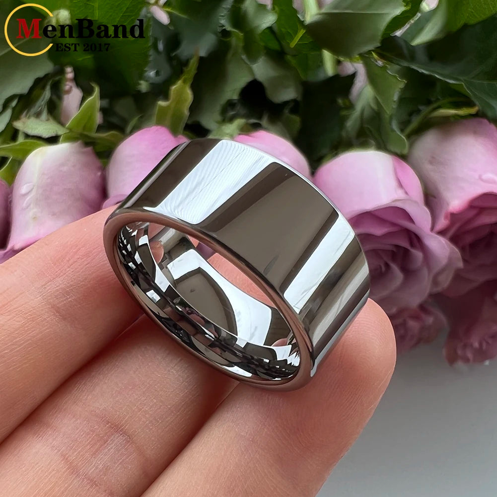 Wide Glossy Large Men's Ring Shiny Wedding Ring with Tungsten Flat Finish Design, Comfortable Fit