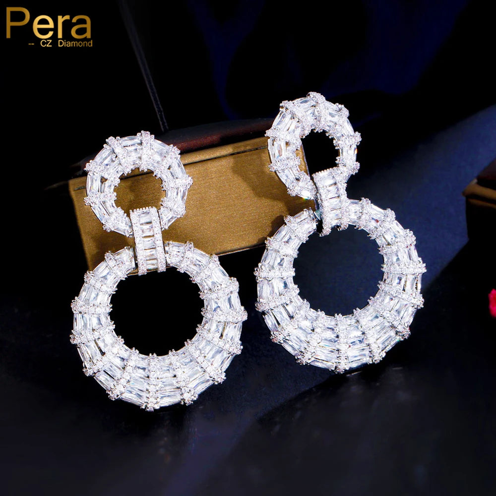 Pera precious Silver Color White Cubic Zirconia Long Dangle Big Round Drop Earrings Engagement Party Jewelry Gift for Women E096