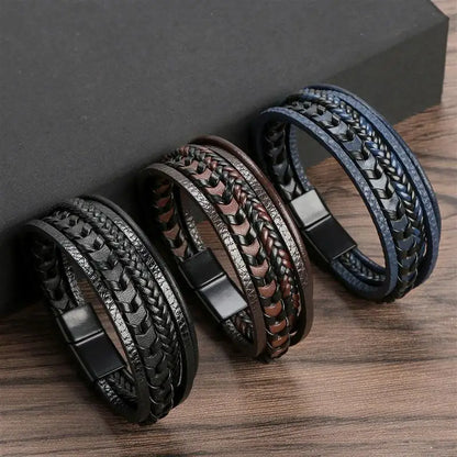 Classic Hand-Woven Leather Bracelet 19/21/23cm Multilayer Leather Men Bracelets Punk Bangle for Friend Charm Jewelry Gifts