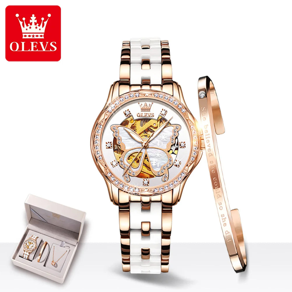 OLEVS 6622 Diamond Luxury Woman Automatic Watch Butterfly Original Mechanical Watch For Women Waterproof Luminous Hand Clock