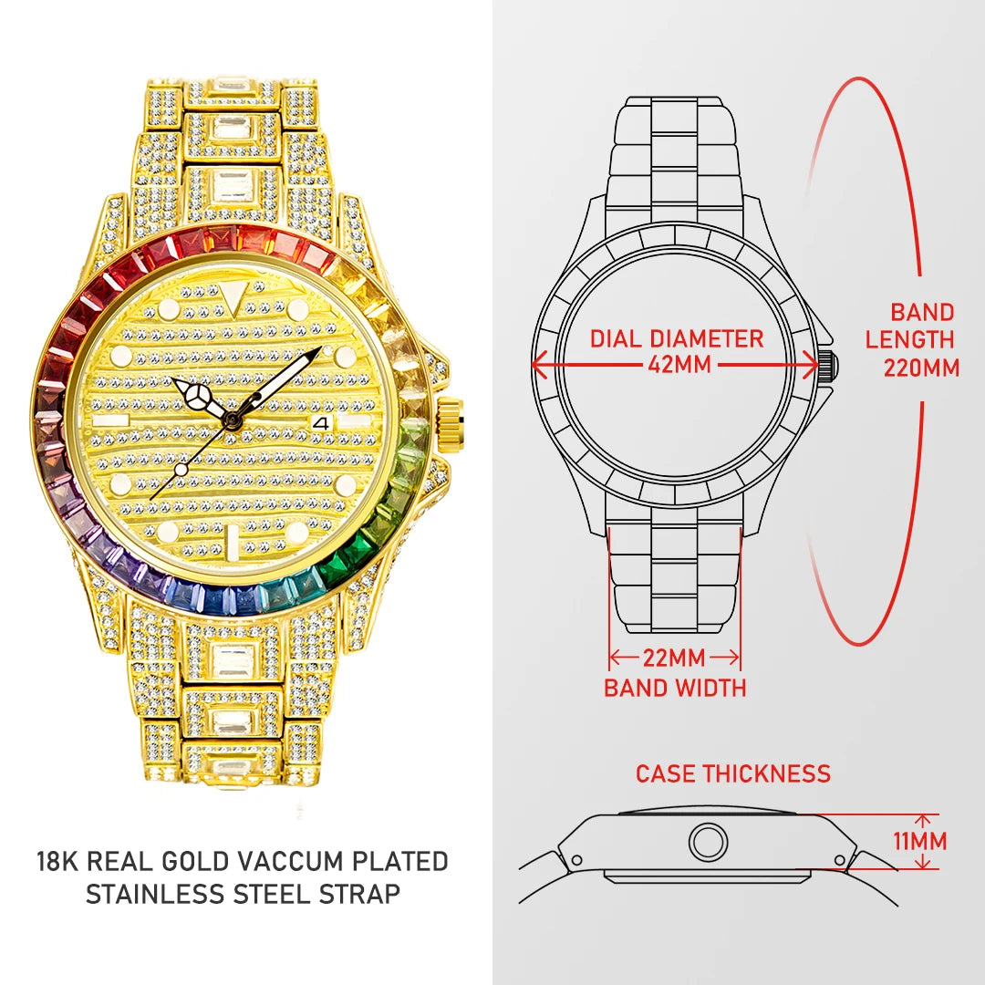 Waterproof Watch Rainbow Diamond Luxury Gold.