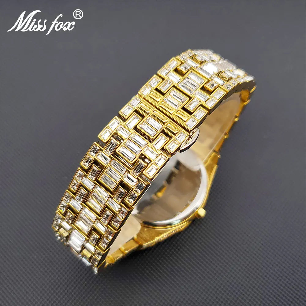 Men's Watch Cover Baguette Gem Luxury Gold Stylish 40mm Quartz Wristwatches For Man Waterproof Calendar Diamond Clock Droship