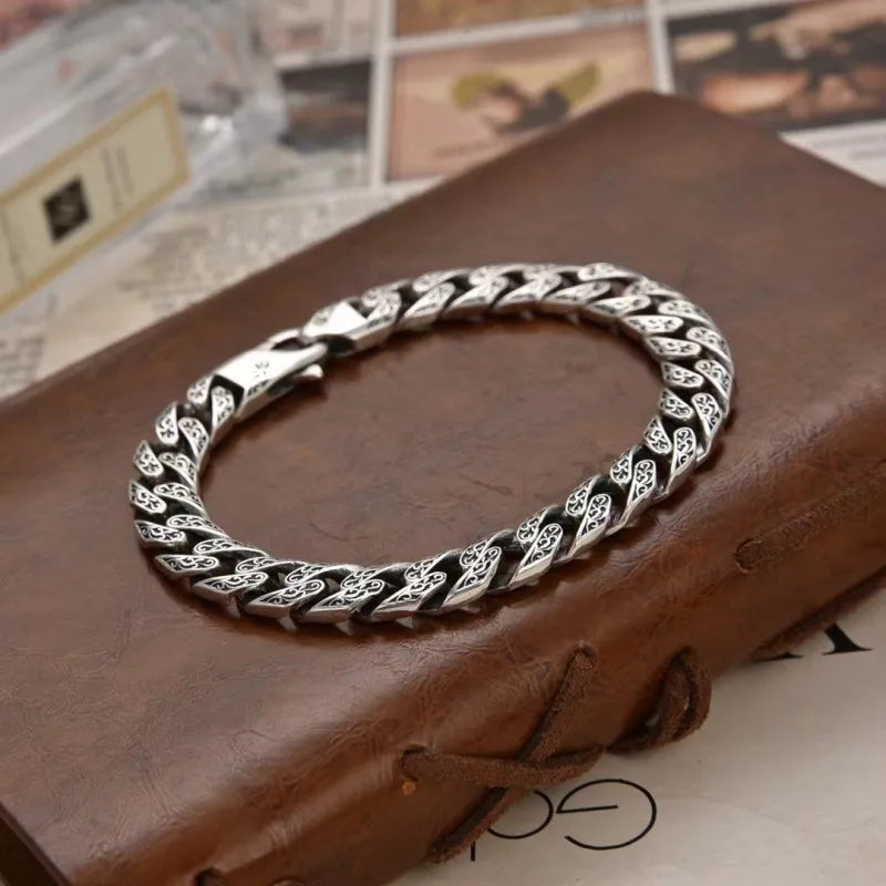 NewS925 Sterling Silver Vintage Personalized Punk Trendy Cuban Chain Vine Grass Pattern Bracelet Men