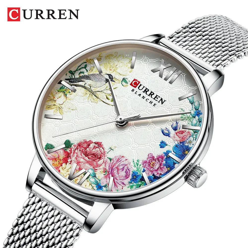 CURREN 9059 Top Brand Luxury Black Female Waterproof Clock Mesh Stainless Steel Bracelet Flower Ladies Wristwatch 9059