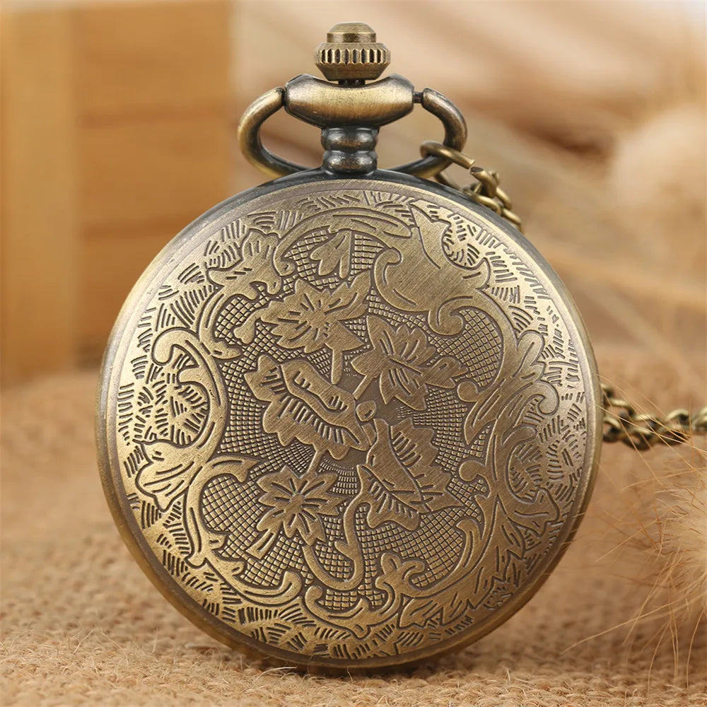 Vintage Retro Bronze Hollow Train Locomotive Steampunk Quartz Pocket Watch Women Men Necklace Pendant with Chain Birthday Gift