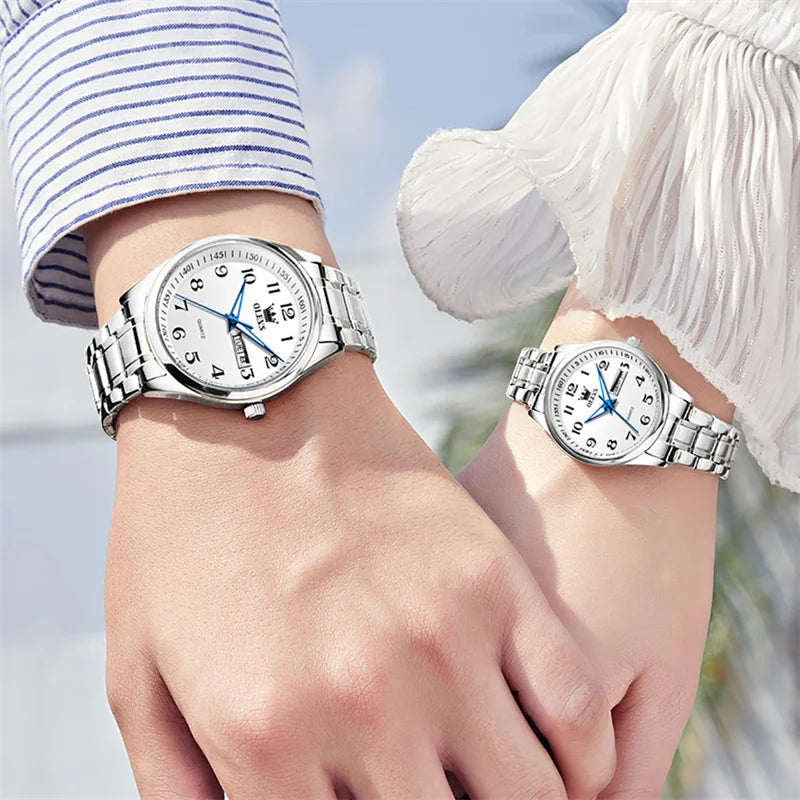 OLEVS Watch For Men Women Silver Stainless Steel Waterproof Date Quartz Watch Luxury Couple Wristwatch Relogio Feminino Reloj