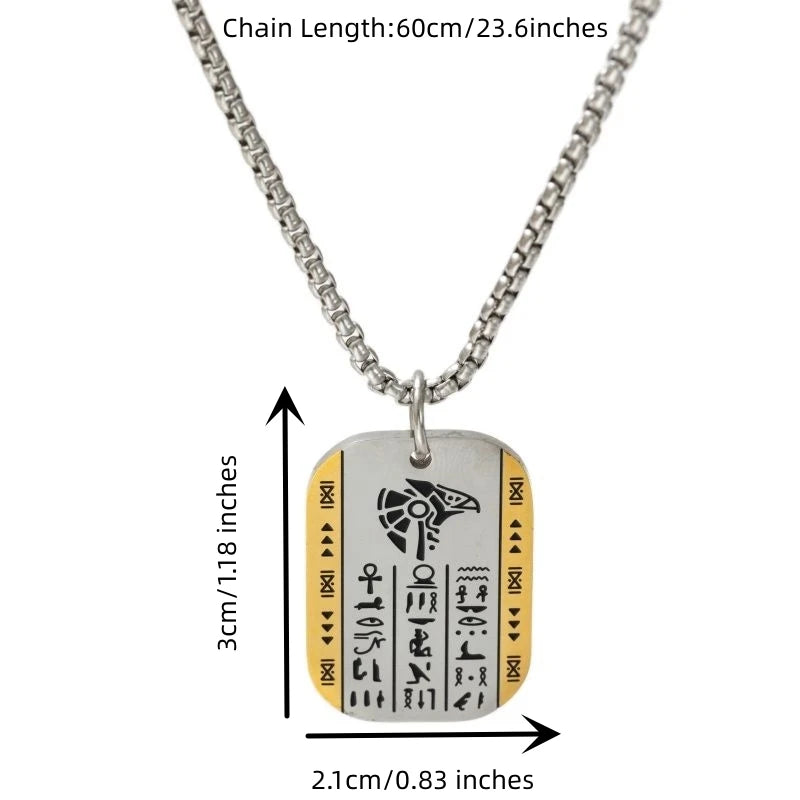 Vintage Rune Necklace Mens Stainless Steel Horus Anubis Dog Tag Pendant Necklace Ancient Egypt Jewelry