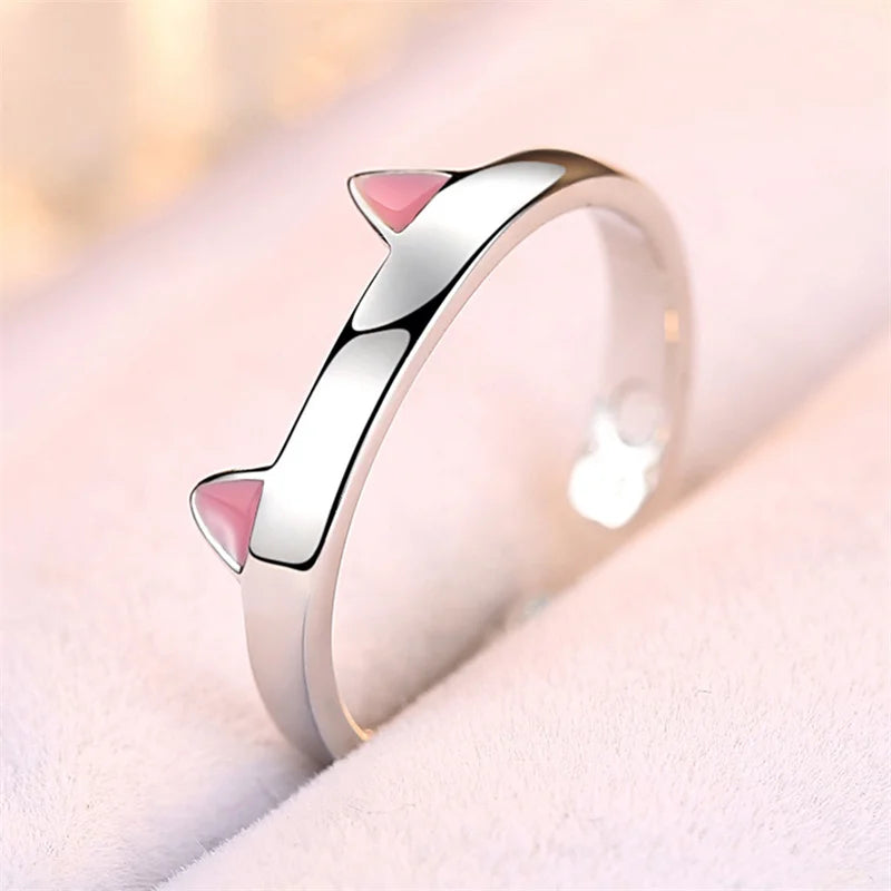 Cute Cat Ear Paw Open Adjustable Couples Rings Silver.