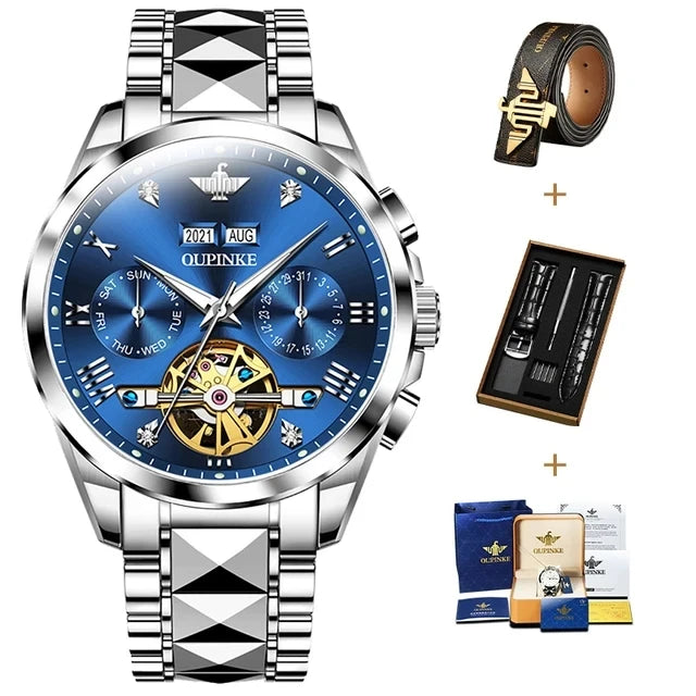 OUPINKE 3186 High Quality Luxury Skeleton Flywheel Automatic Watch for Men 5Bar Waterproof Dual Calendar Brand Men&