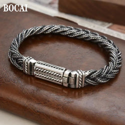 BOCAI Real S925 Silver Jewelry Retro Heavy Industry Pure Handmade Woven Twist Bracelet for Men and Women Trendy Gifts