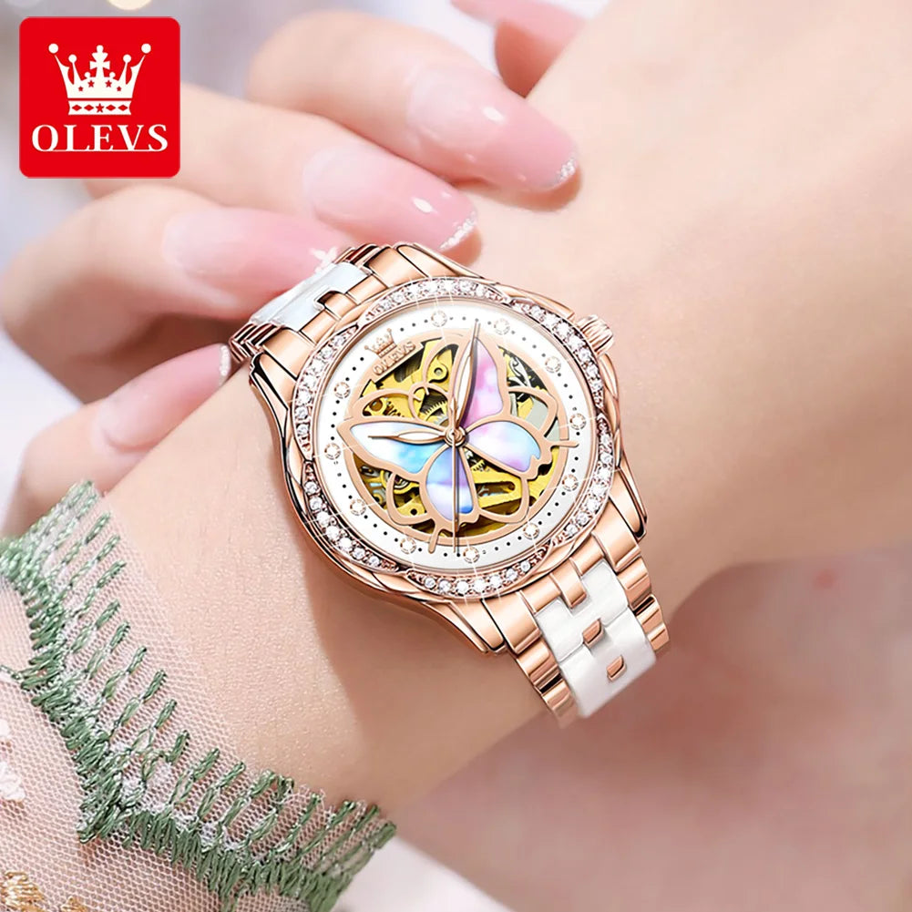 OLEVS 6615 Original Luxury Brand Women's Automatic Mechanical Watch Elegant Diamond Skeleton Ceramic Strap Women's Watch Set