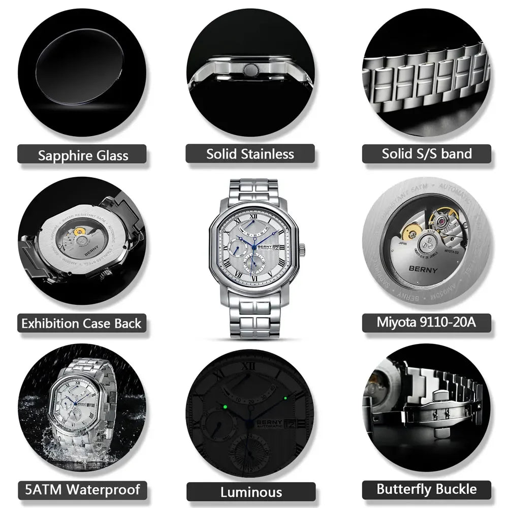 BERNY Men's Automatic Watch Waterproof Exhibition.