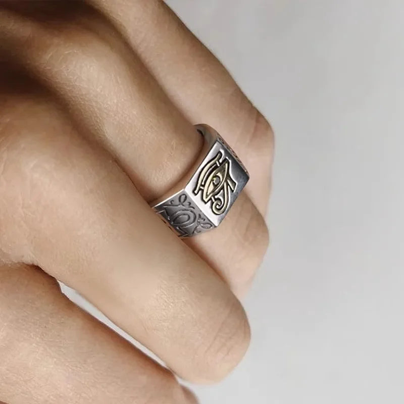 New Silver Color Men's Ring European and American Retro Eye of Horus Egyptian Pharaoh INS Female Trend Jewelry