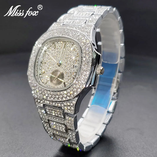 Waterproof Watches For Male Square Hip Hop Iced Drop Watch Power By Battery Dual Dial Designer Hand Clock Dropshipping Products