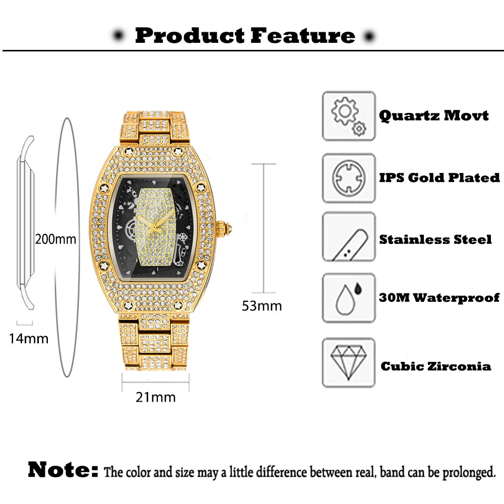 New Gold Tonneau Watches For Men Luxury Full Iced Diamond Quartz Men's Watch Fashion Hip Hop Big Dial Hand Clock Dropshipping